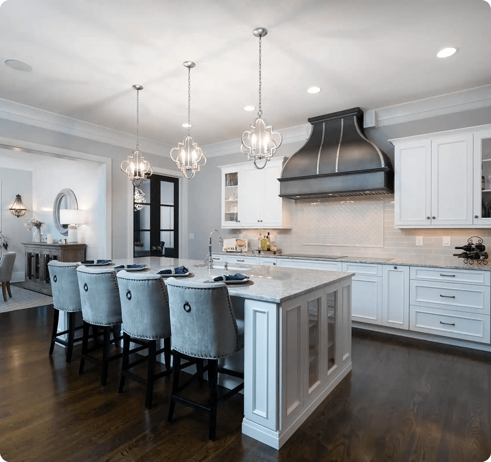 h22 Modern kitchen with island and pendant lights.